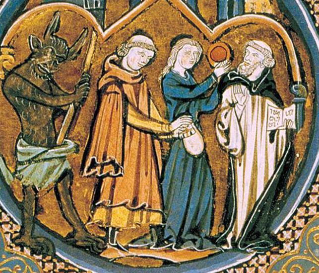 Démon dissimulé derrière des humains dans un manuscrit du treizième siècle