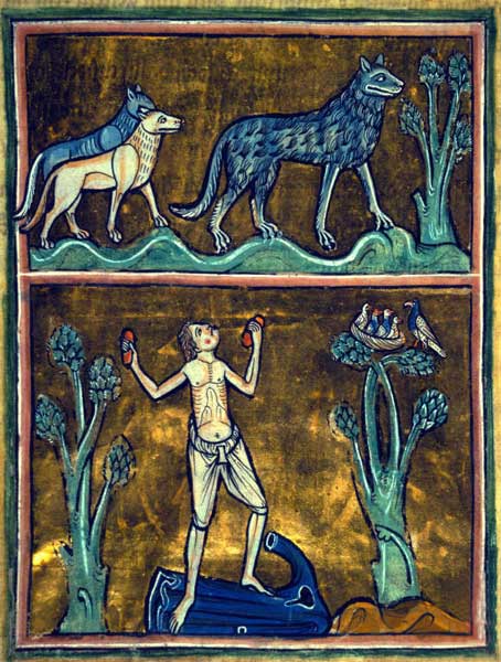Loups et homme sauvage peints dans le Bestiaire de Rochester