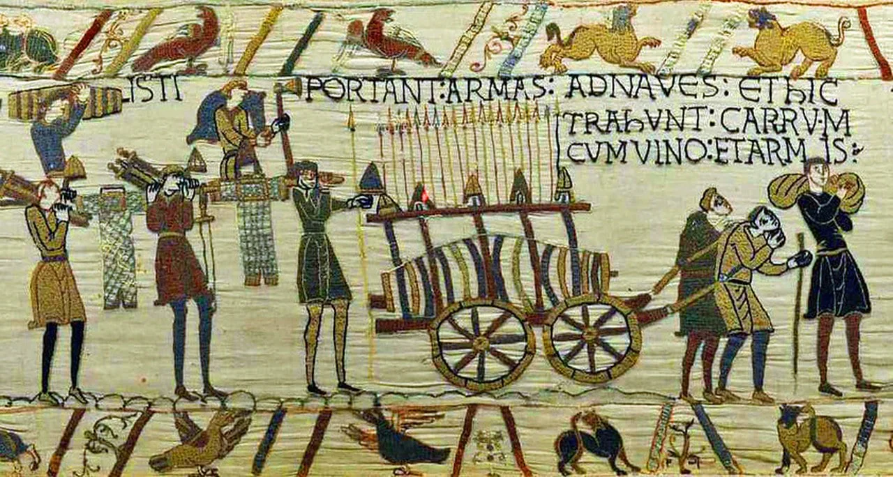 Chariot transportant du vin et des armes dans la Tapisserie de Bayeux