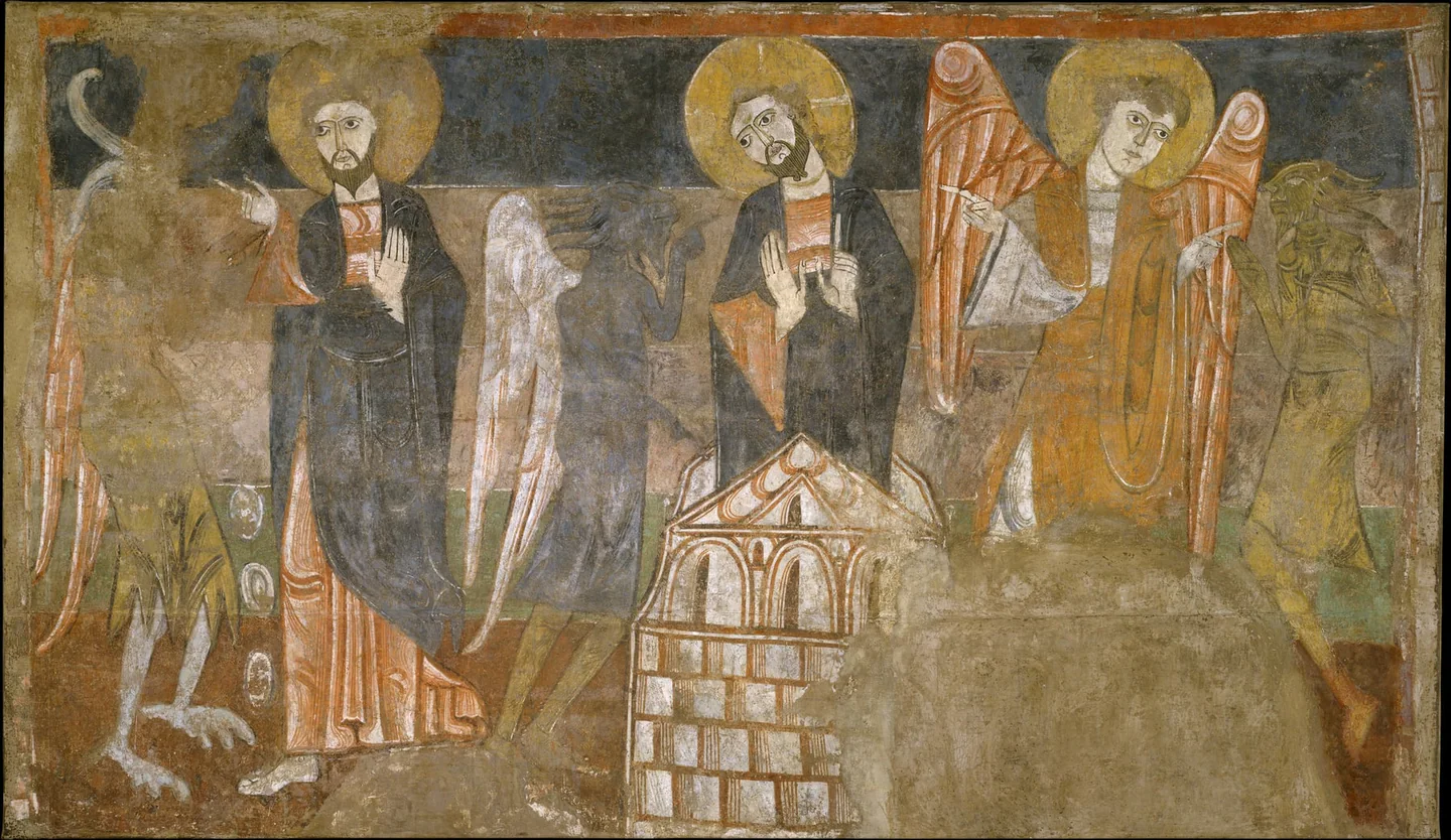 Le diable tentant le Christ dans une fresque du douzième siècle