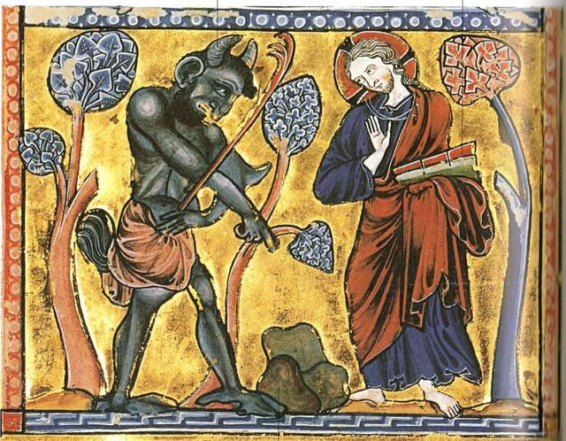 Le diable tentant le Christ dans un psautier enluminé vers 1222